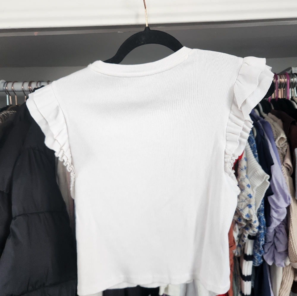 Zara White Ribbed Ruffle Sleeve Blouse - Picture 3 of 4